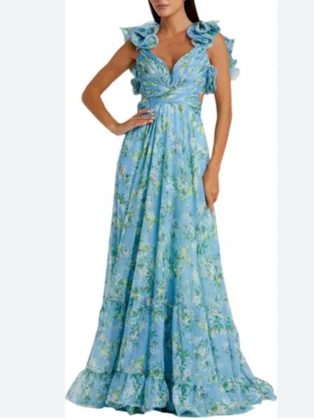 NWT Mac Duggal Blue Ruffle Tiered Floral Cut-Out Chiffon Gown reg $398 size 6 - Picture 2 of 16